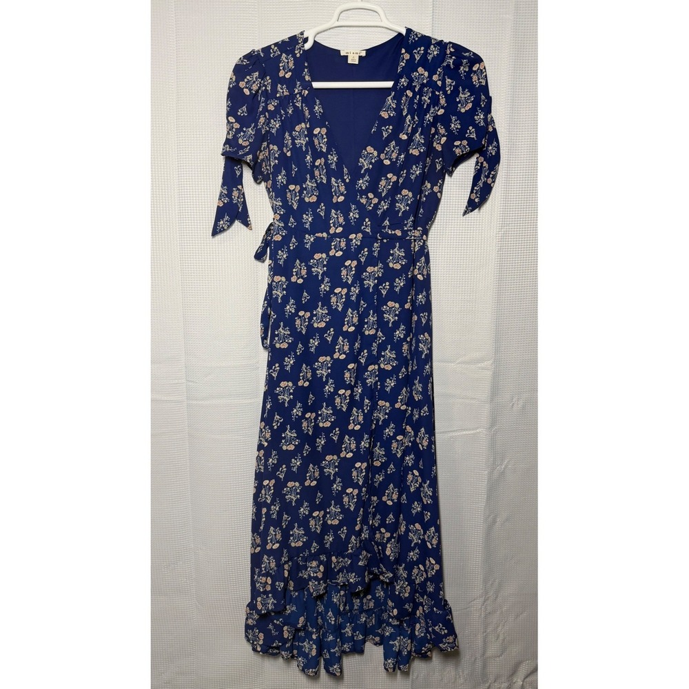 Mi Ami Floral Wrap Dress Blue Ruffle Hem High Low‎ Tie Sleeve Cottagecore L
